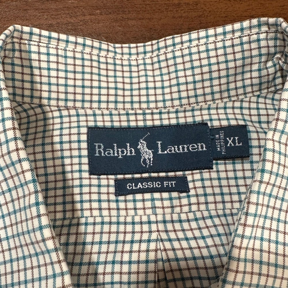 Ralph Lauren Classic Fit Short Sleeve Button Down Shirt XL White + Teal + Brown - Picture 2 of 6
